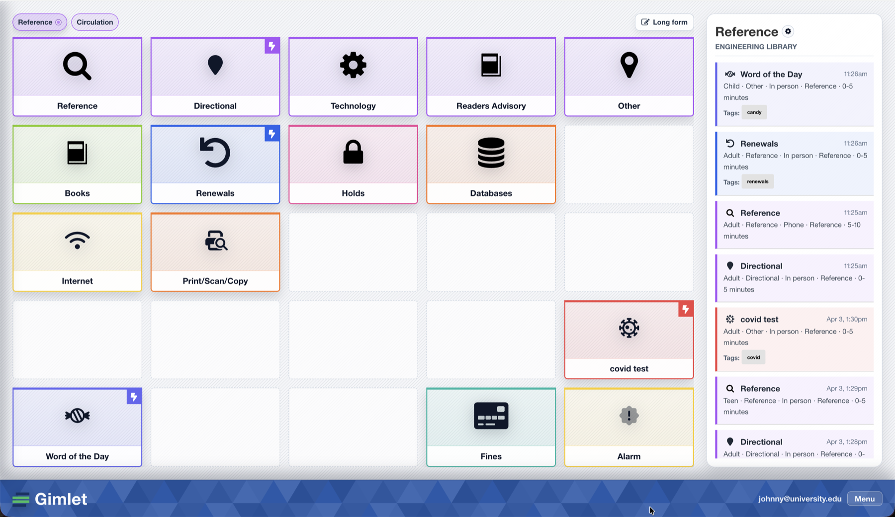 Reference Tapboard with quick-entry buttons and recent service desk activity