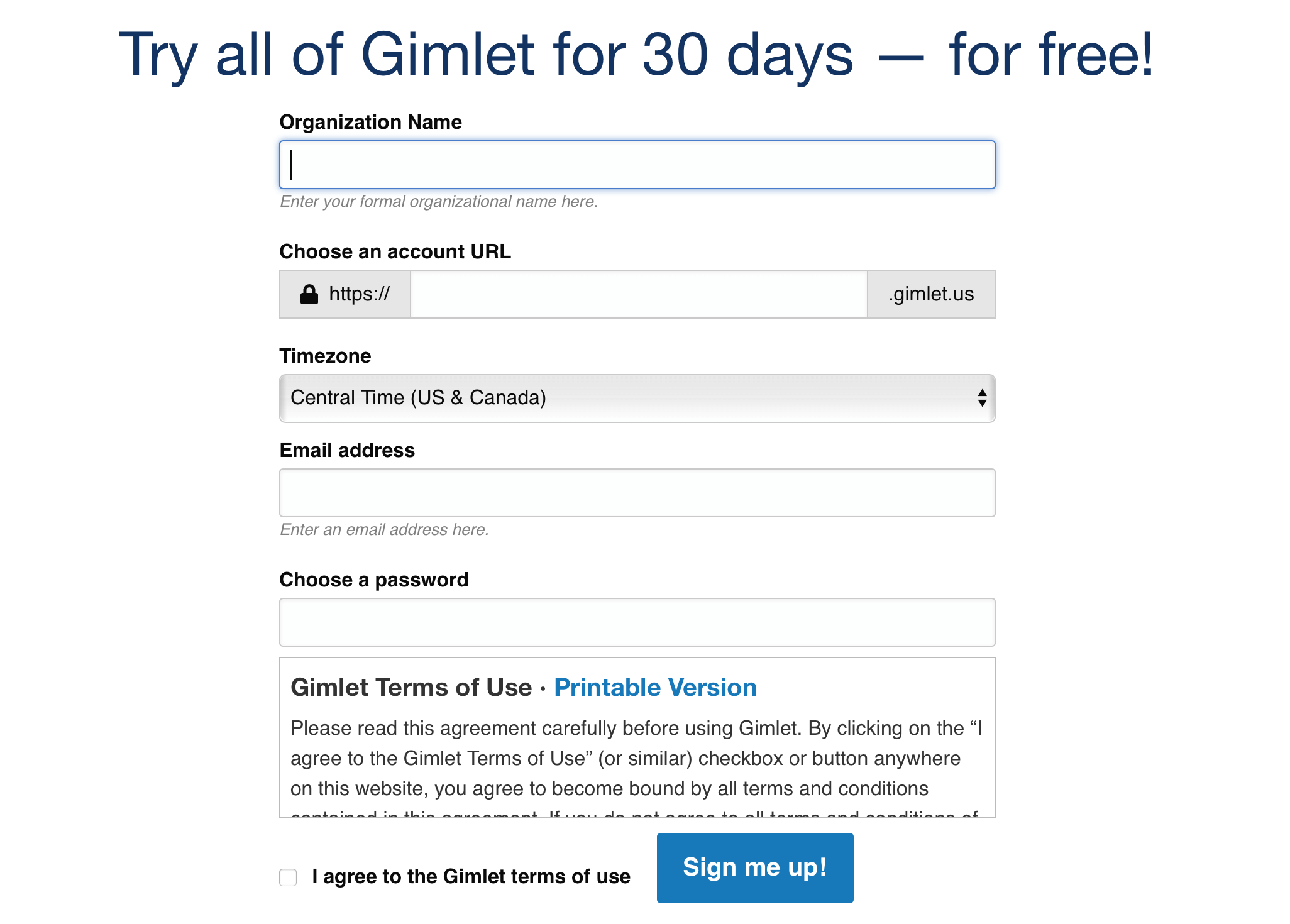 Gimlet - Sign up form