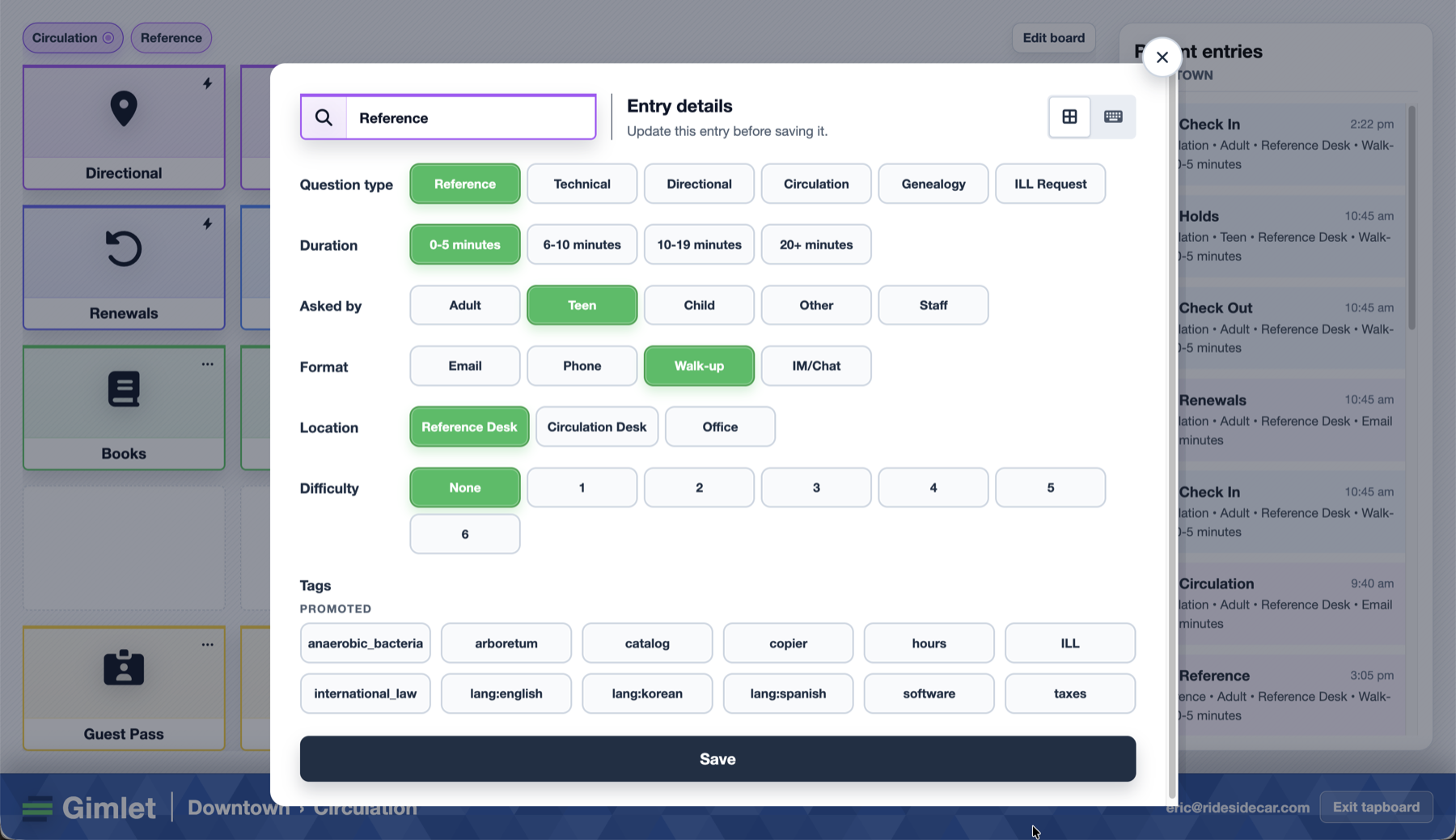 Tapboard entry refinement screen showing adjustable Gimlet fields before saving